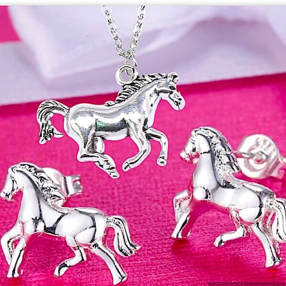 Sterling Silver Horse Necklace Earrings Set HorseBit, Snaffle, D Ring Charm